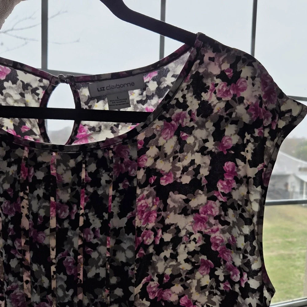 Women's Liz Claiborne L Top‎ Liquid Knit Floral Stretch Pleated Career Casual - Picture 5 of 8